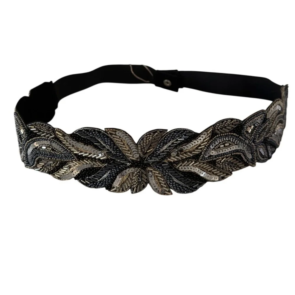 Silver Beaded Embroidered Boho Festival Floral Belt  Elastic Waistband NWT